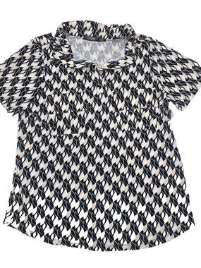 Cure Blouse Womens Medium Black White Leaf Short Sleeve Collared Neck Pockets